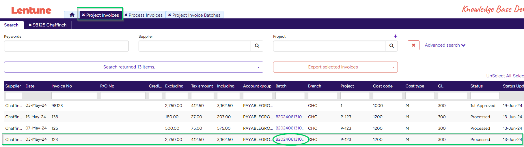 search invoice for batch link-1